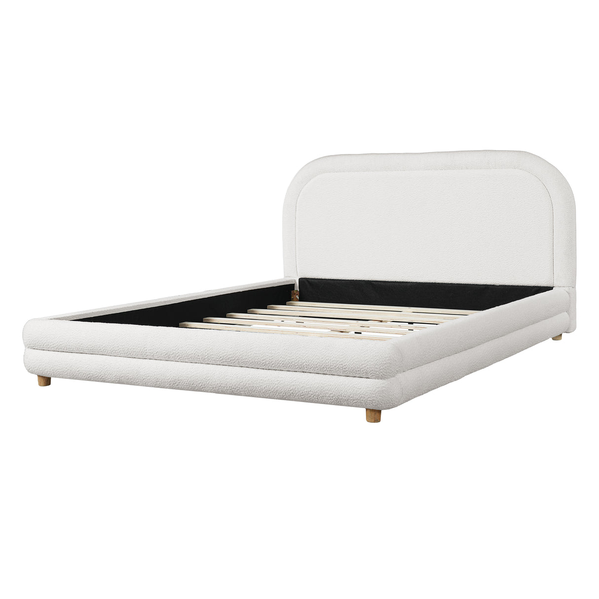 Queen Size Bed Frame With Boucle Upholstered Thick Curved Headboard, Solid Wood Legs