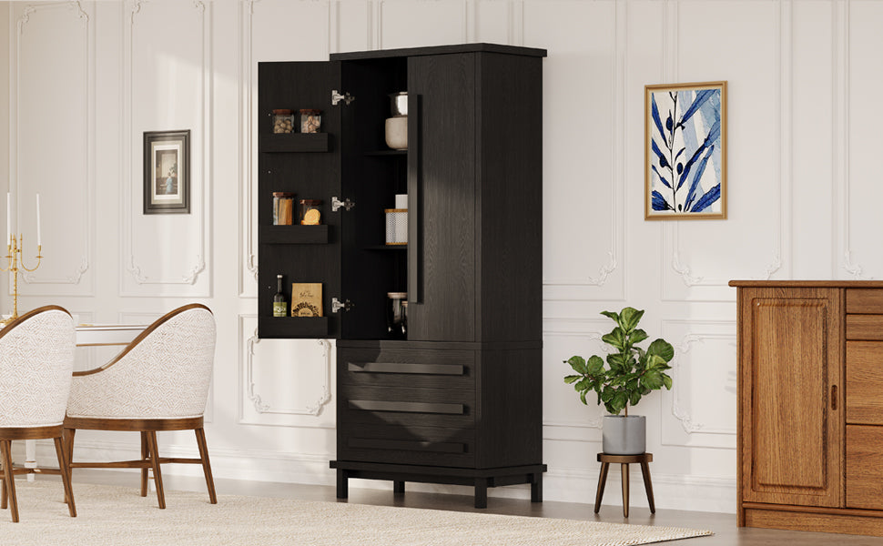 70" Kitchen Pantry Cabinet with 6 Door Shelves and 3 Drawers