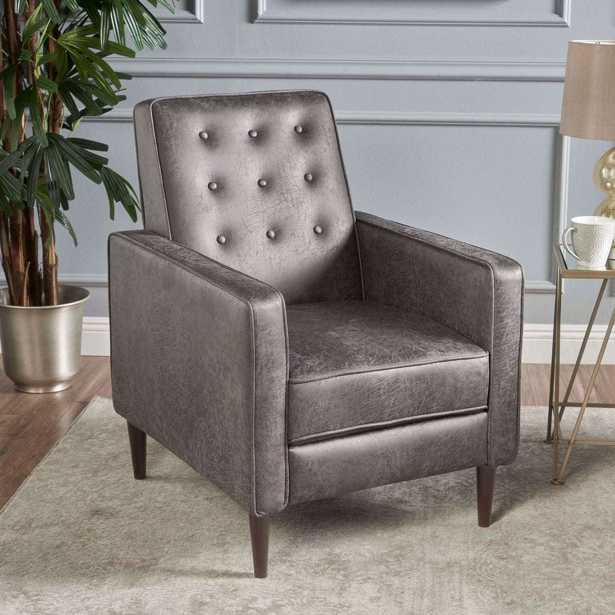 Macedonia - Mid Century Modern Button Tufted Fabric Recliner - Slate
