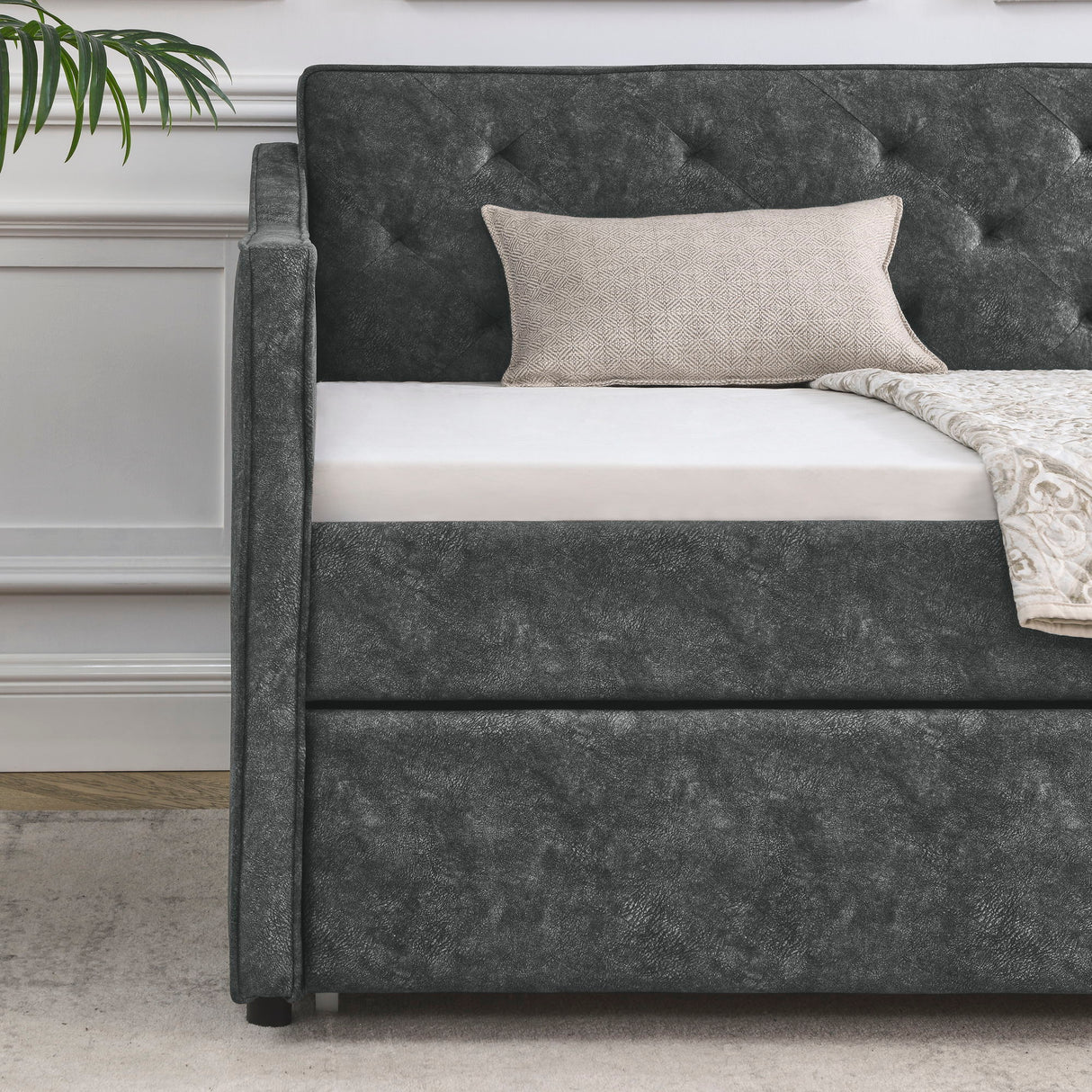 Twin Upholstered Daybed With Trundle, Waved Arms - Gray