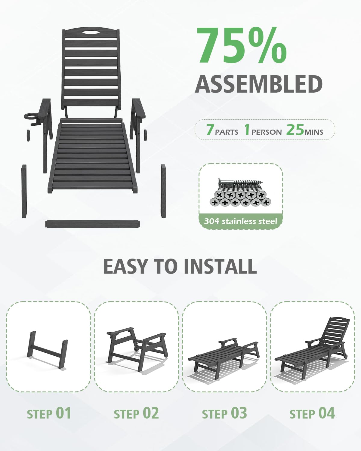 Patio Lounge Chair Outdoor with Reclining Backrest - HDPE