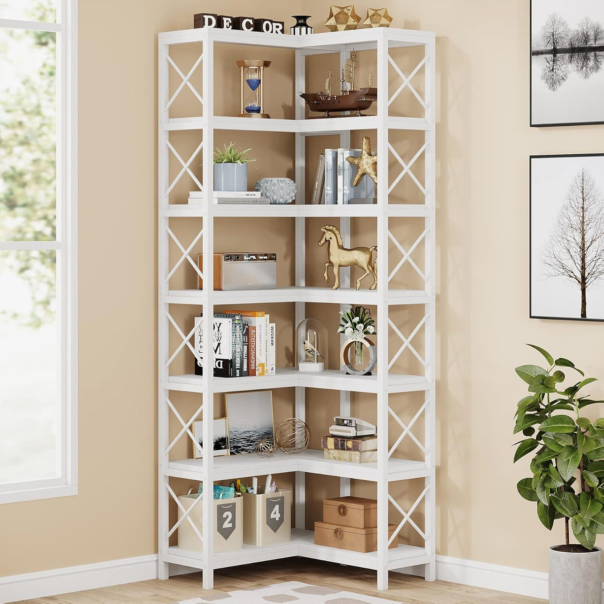 7 Tier Corner Bookshelf Storage Unit for Living Room