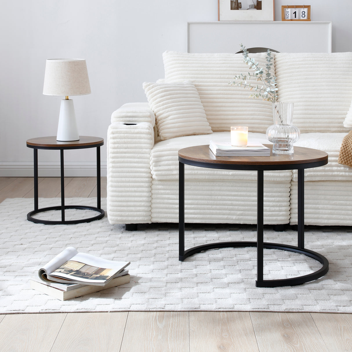 Set of 2 Nesting Round End Tables with Metal Frame