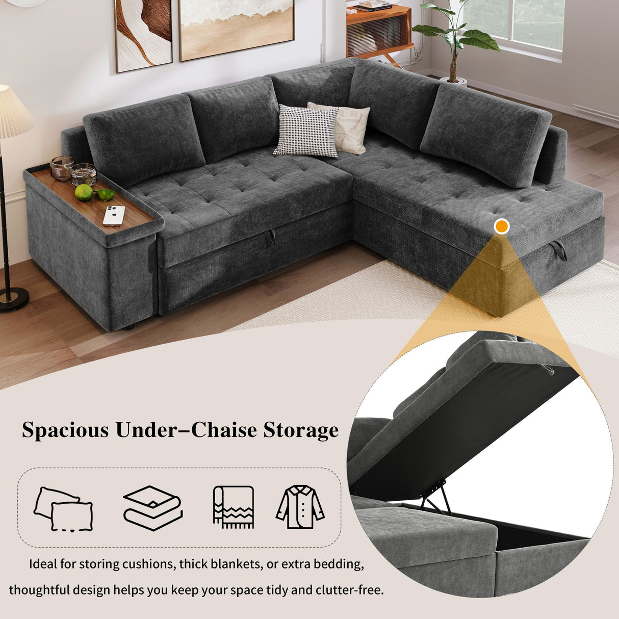 L Shaped Couch With Pull Out Bed And Storage Sectional Sleeper Sofa With Hidden Storage, Wide Armrest With Storage, For Living Room, Apartment, Bedroom, Office - Best Buy Furniture