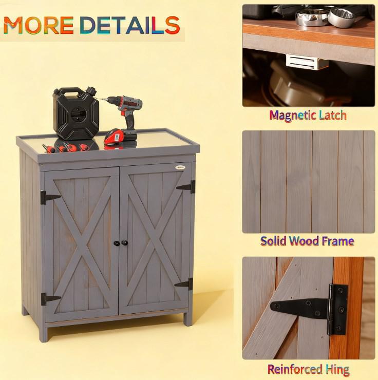 Tool Shed Outdoor Storage Cabinet with Galvanized Top and Two Shelves