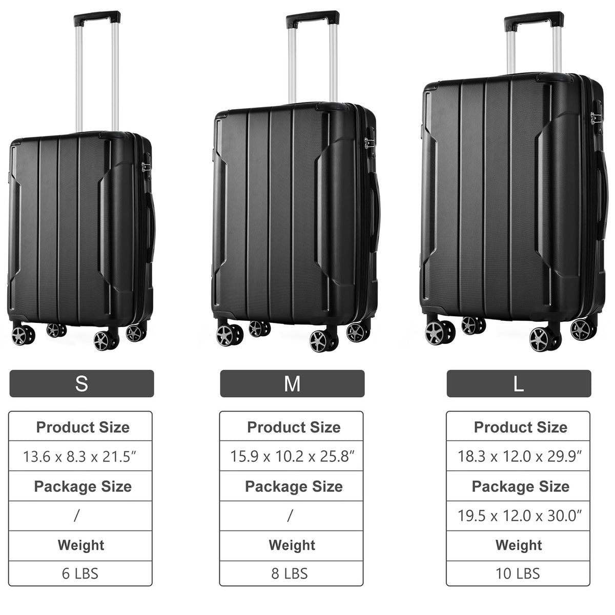 3-Piece Hard Shell Luggage Set, Expandable ABS Suitcases with TSA Lock, Black