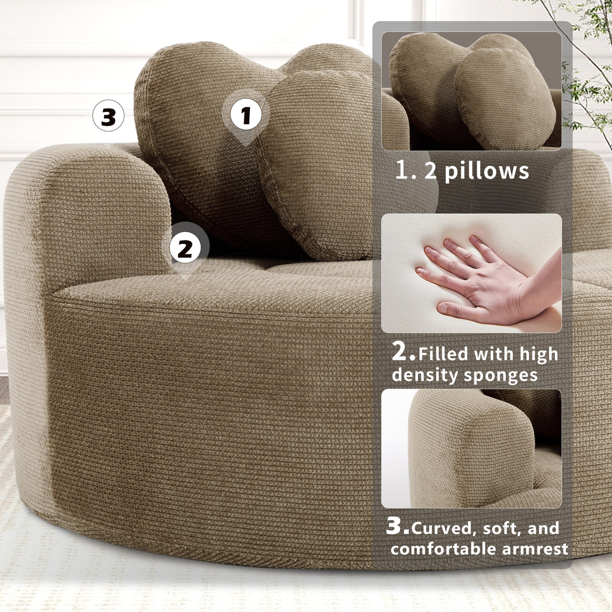 Round Sofa Bed with Memory Foam Sectional Couch for Living Room