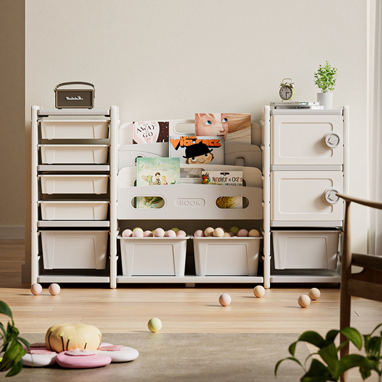 Kids Toy Storage Organizer With 8 Removable Toy Bins, 4 Tier Bookshelf, And 2 Cabinet Storage - Gray / Ivory