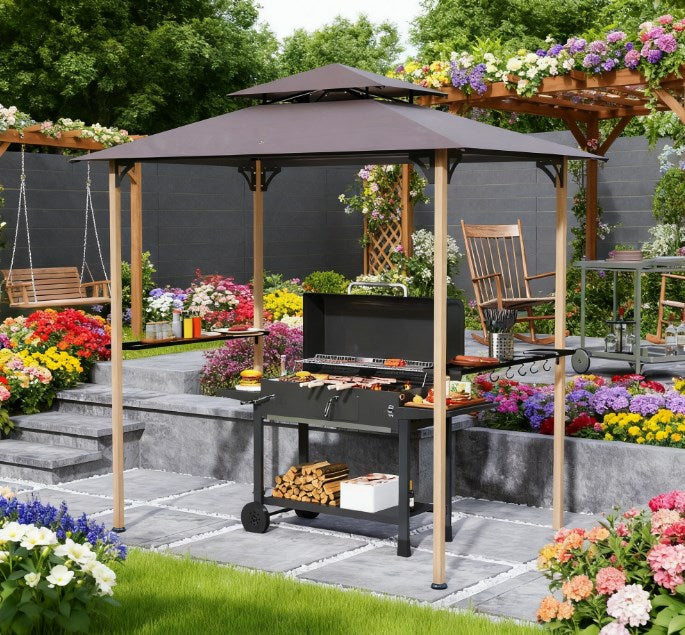 Double Tiered Barbecue Grill Gazebo Shelter with Side Shelves and Hooks