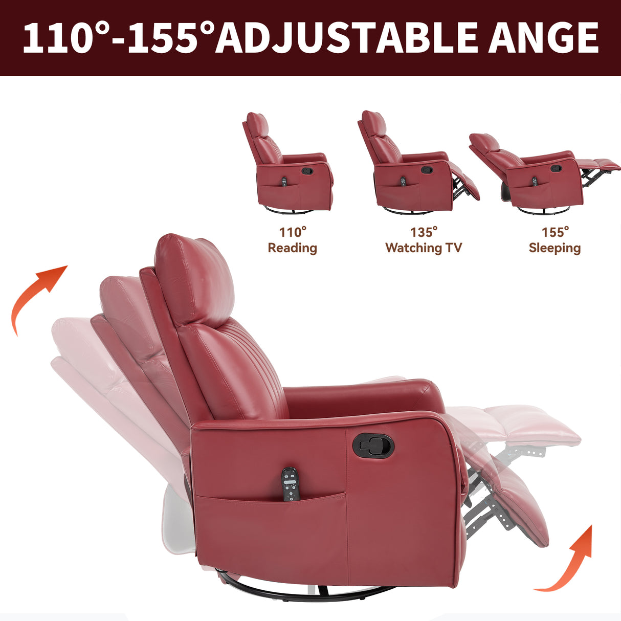 Red Faux Leather Heat Massage Manual Recliner Chair with Rocker and Swivel