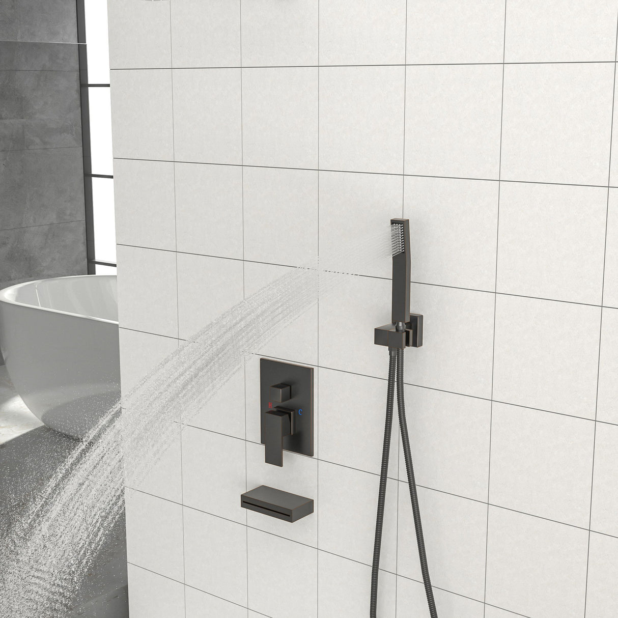 Square Shower System With Waterfall Tub Spout And Rough In Valve, Wall Mounted