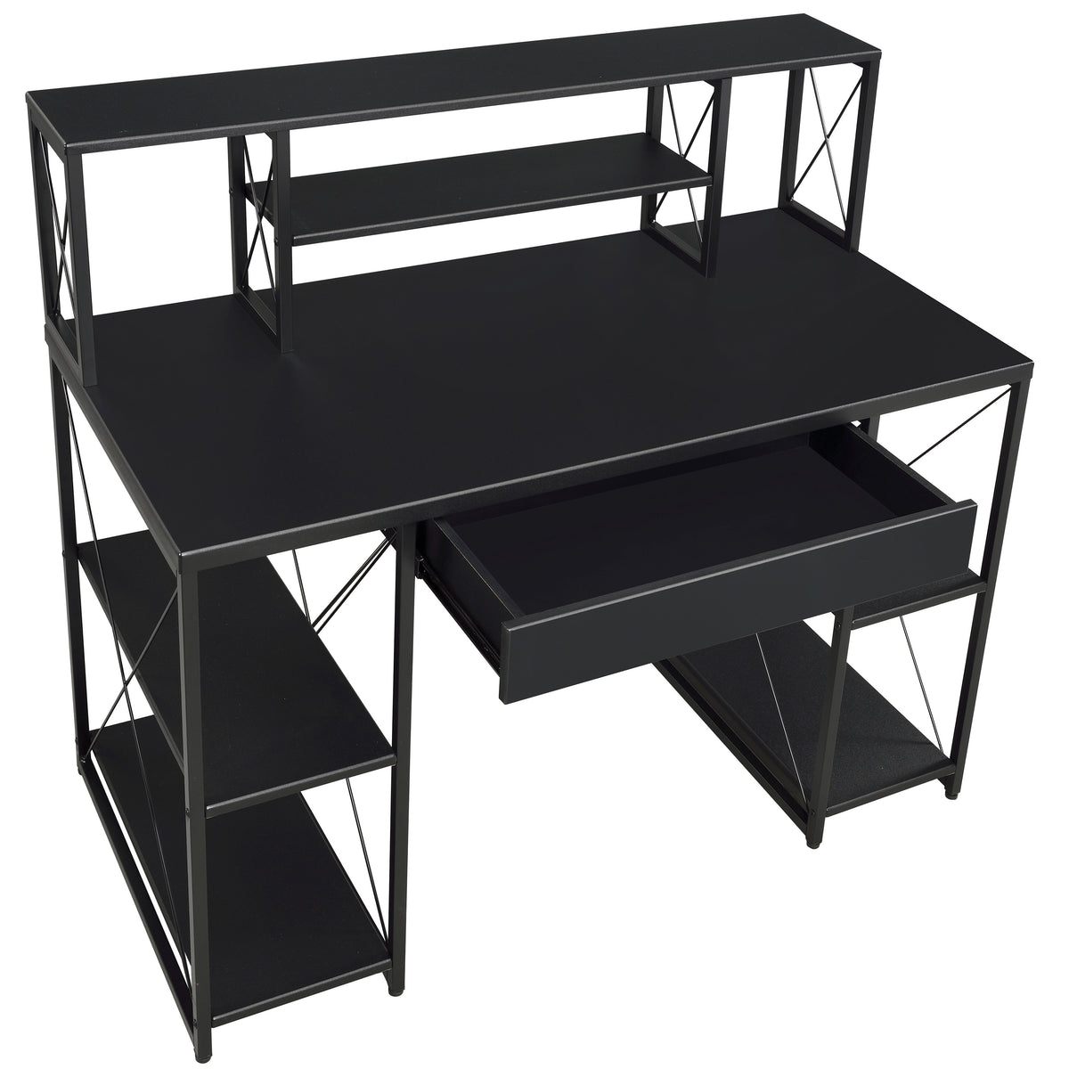 Black Office Desk with Open Shelves and Hutch - Black