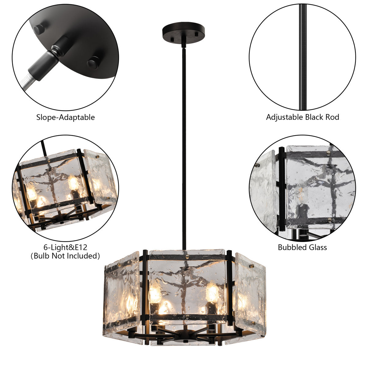19.7-Inch 6-Light Dimmable Drum Chandelier, Black Glass and Metal