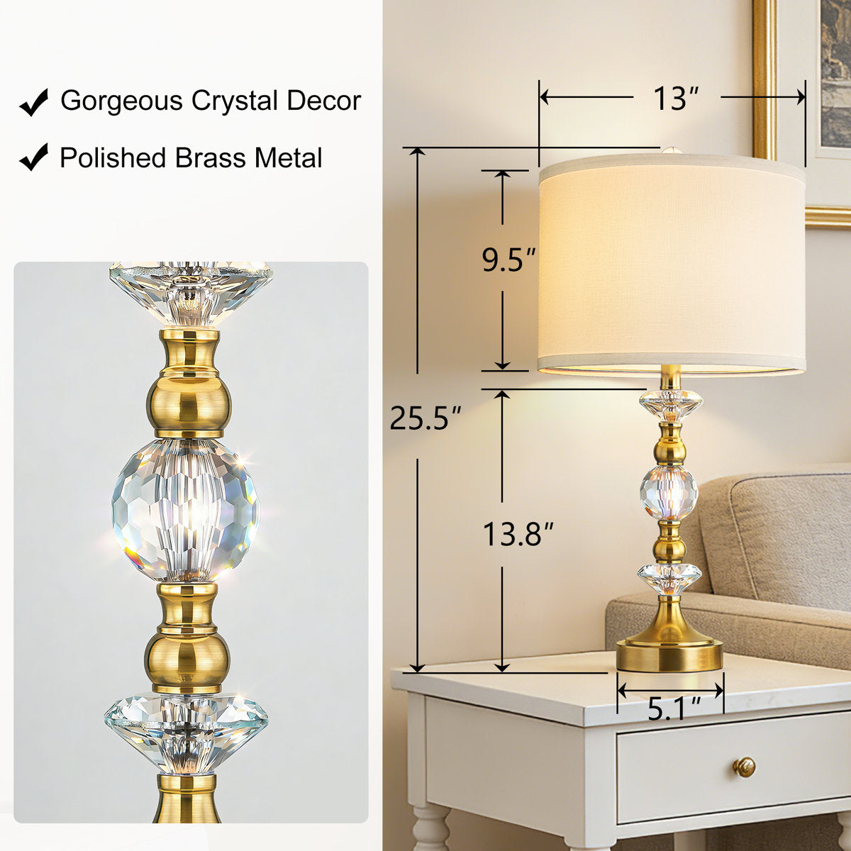 Crystal Table Lamp with 3-Way Dimmable Light and USB Type-C Ports, Set of 2, Antique Bronze