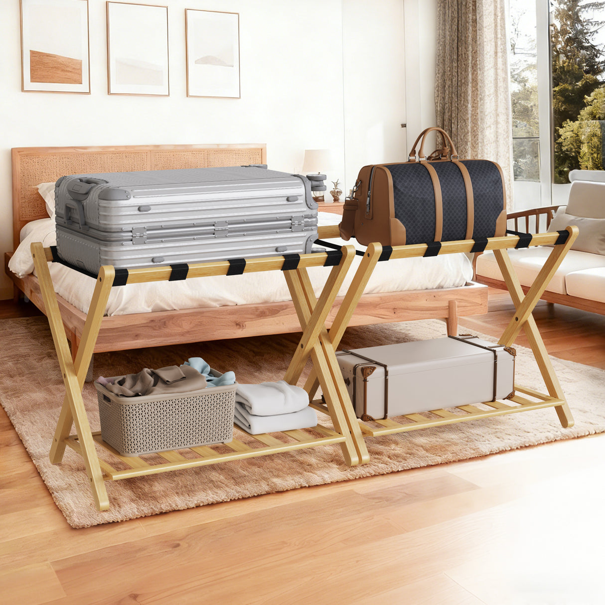 Folding Bamboo Luggage Rack with Lower Storage Shelf
