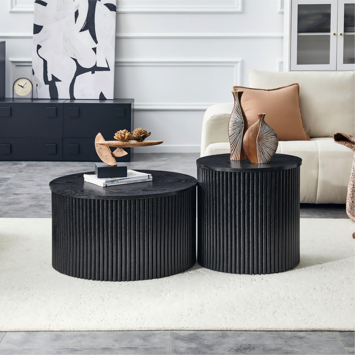 2-Piece Nesting Coffee Table Set, Roman Column Design MDF Round Tables with Built-in Storage