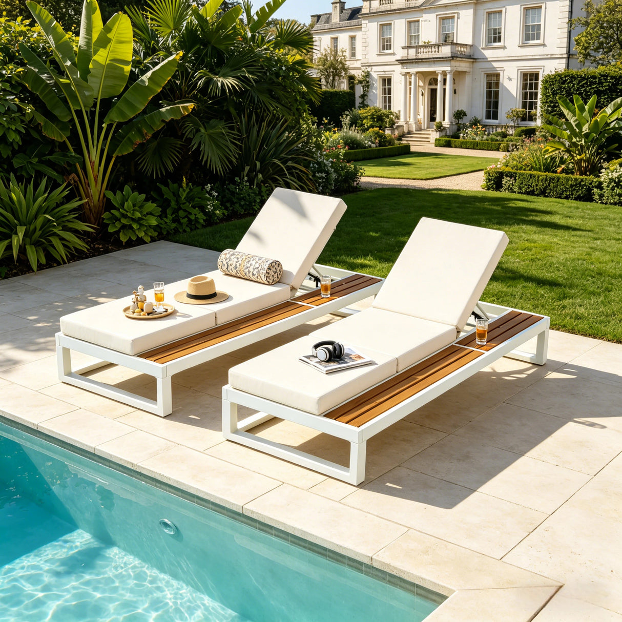 White Iron & Teak Finish Chaise Lounge Set