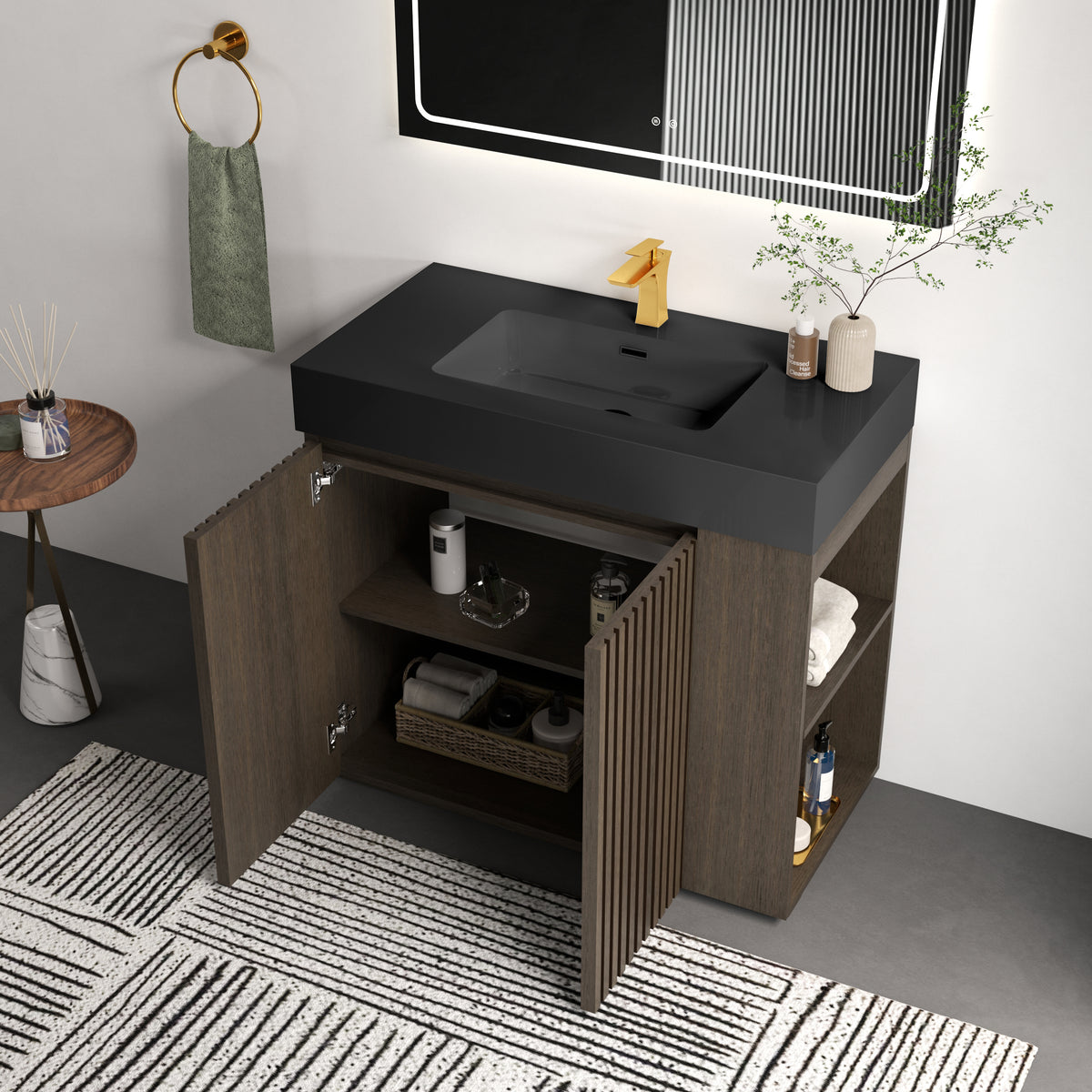 GALAN 36-Inch Bathroom Vanity, Smoked Oak, Dark Walnut with Solid Surface Sink