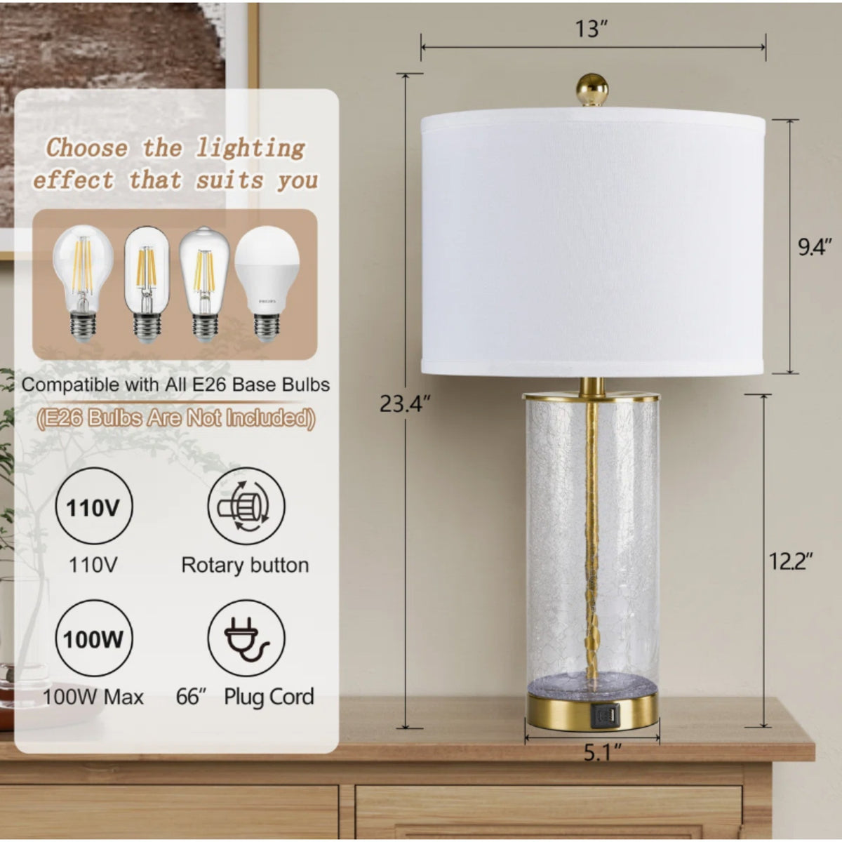 Modern Glam Glass and Metal Table Lamp Set, 23.25-Inch, Gold, USB Charging