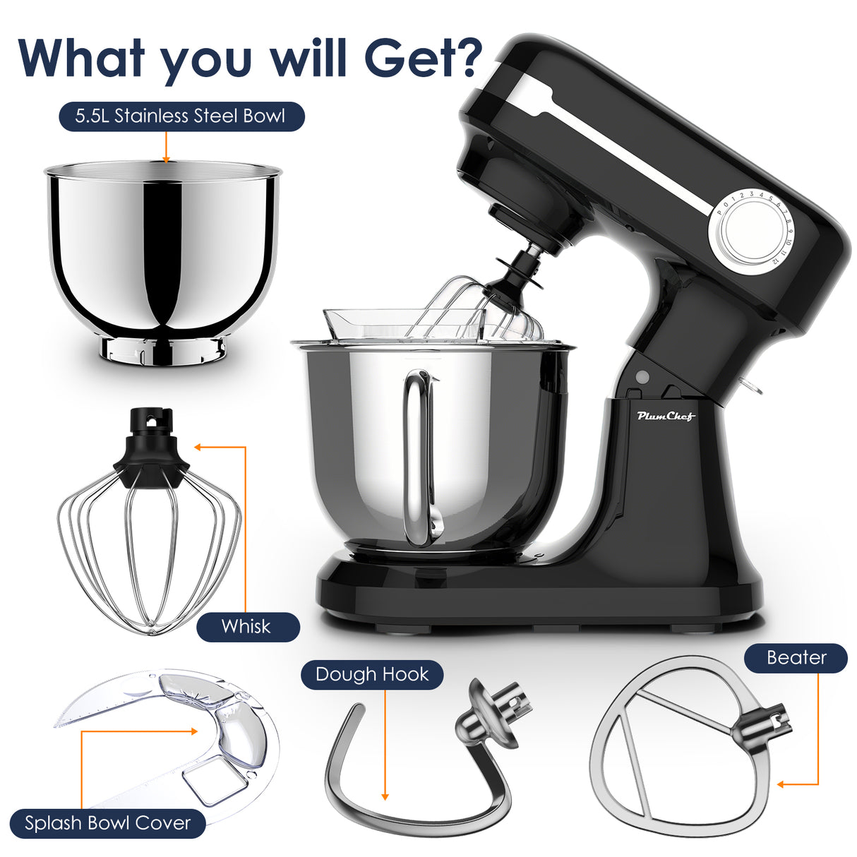 Plum Chef 5.5QT Electric Stand Mixer, 12-Speed Tilt-Head Food Mixer, Dough Mixer with Dishwasher Safe Stainless Steel Bowl, Dough Hook, Flat Beater, Whisk, Splash Guard