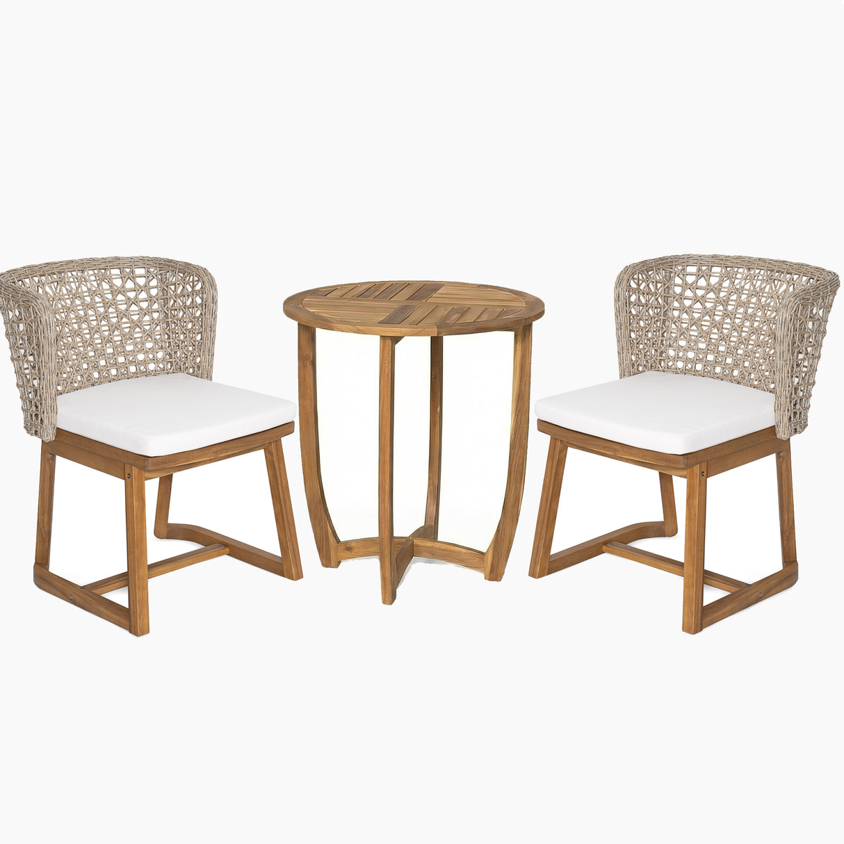 3-Piece Outdoor Dining Set with Teak Finish Acacia Wood Table & Wicker Chairs