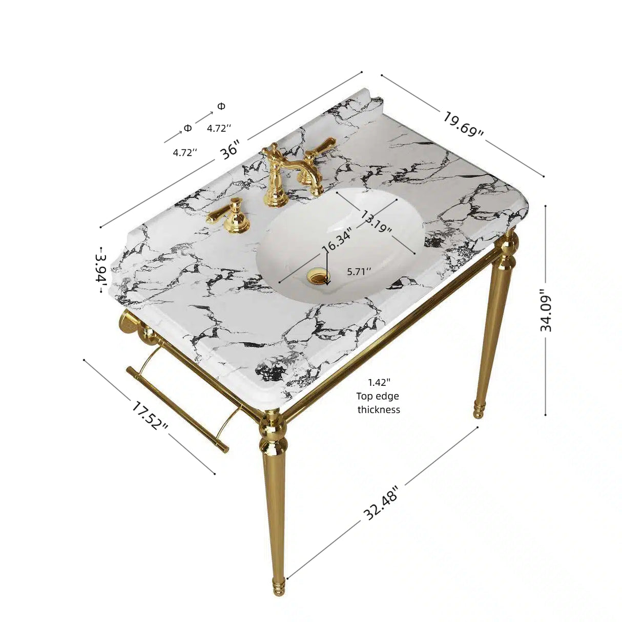 VICI 36" Bathroom Console Sink, Undermount Ceramic Vanity Basin