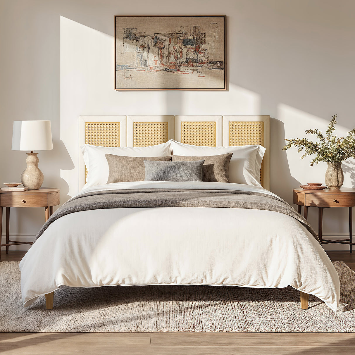 Toscana Queen Upholstered Cane Back Platform Bed