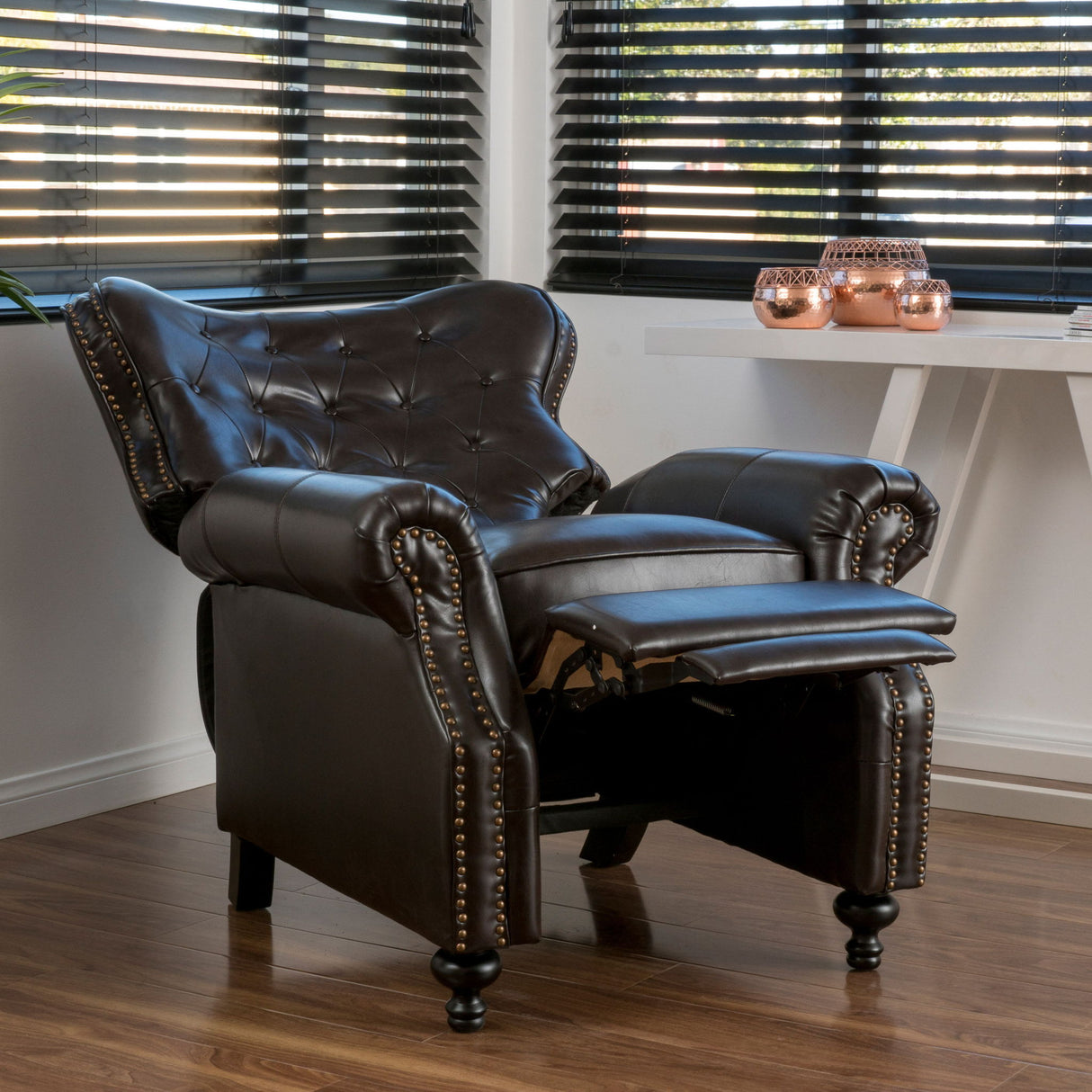 Contemporary Style Push Back Recliner With Button Tufted Stitching And Nailhead Trim