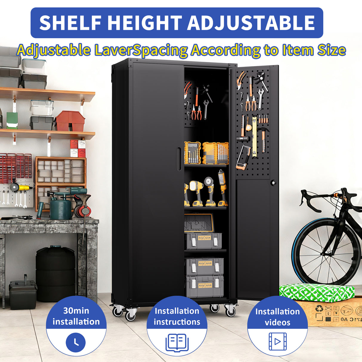 71" All-Black Metal Garage Storage Cabinet with Wheels