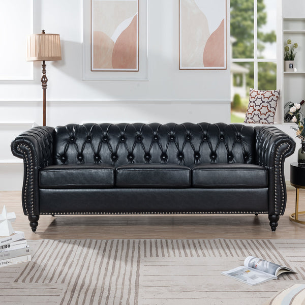 84.65" Black PU Rolled Arm Chesterfield Three Seater Sofa