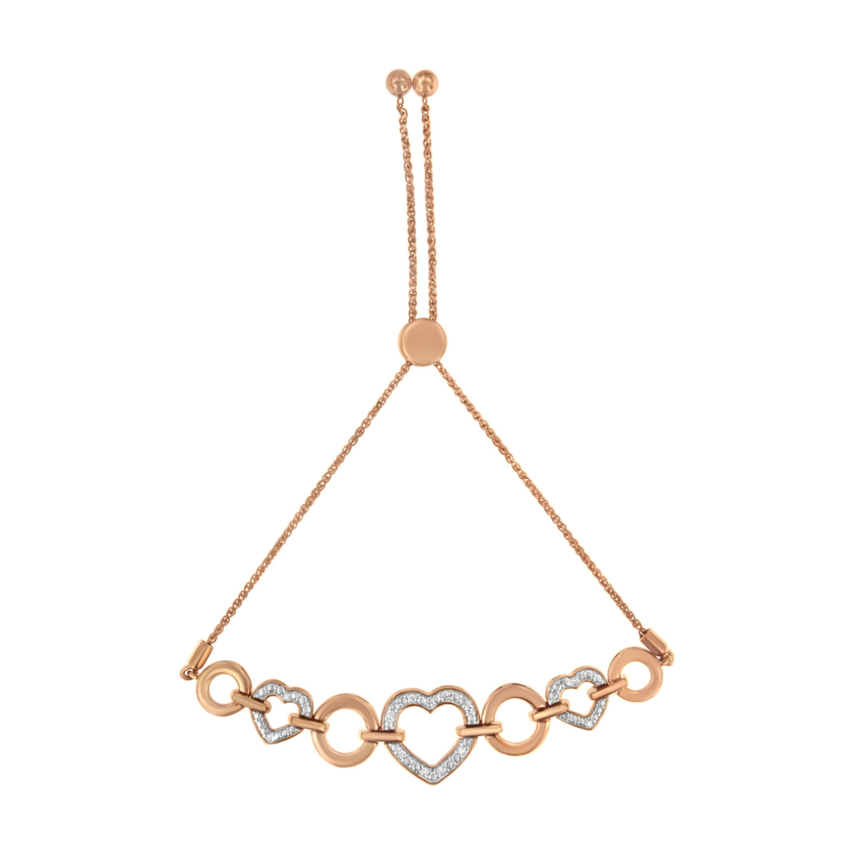 14K Rose Gold Plated .925 Sterling Silver Diamond Accent Circle and Heart Link Adjustable 6â€-10†Bolo Bracelet