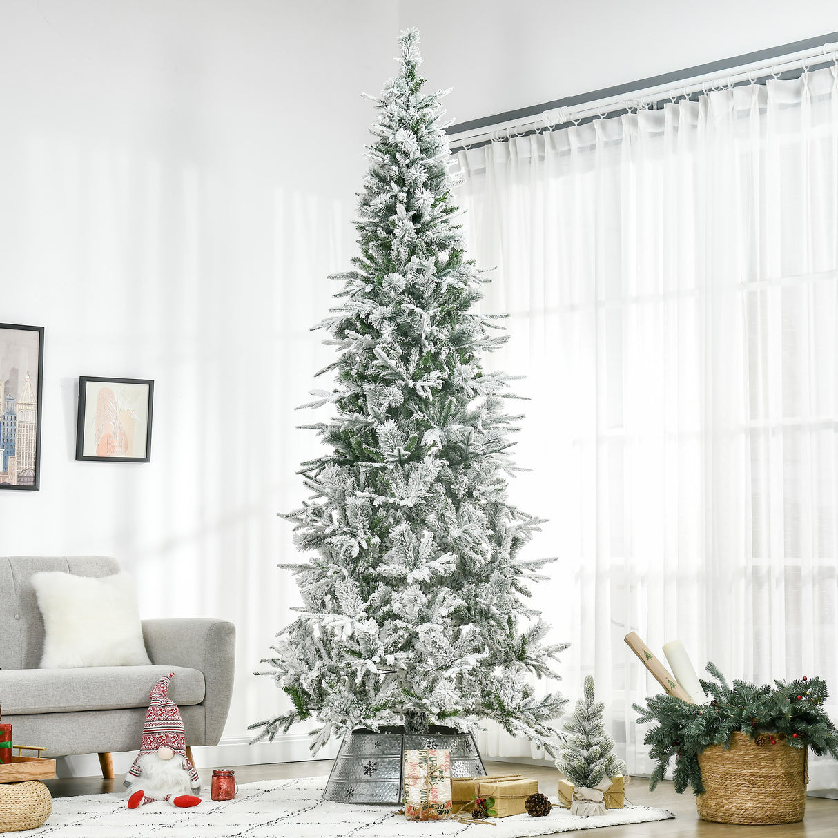 HOMCOM 9' Unlit Snow Flocked Pine Artificial Christmas Tree