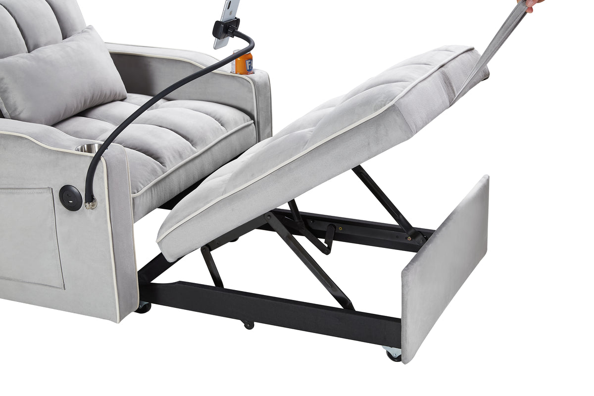 Convertible Sleeper Chair Sofa Bed, Grey Velvet, Pull-Out Single Bed