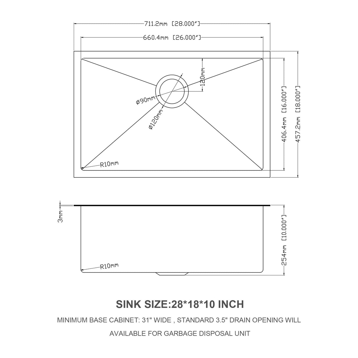 28" Undermount Kitchen Sink 16 Gauge 10" Deep Single Bowl - Gunmetal Black
