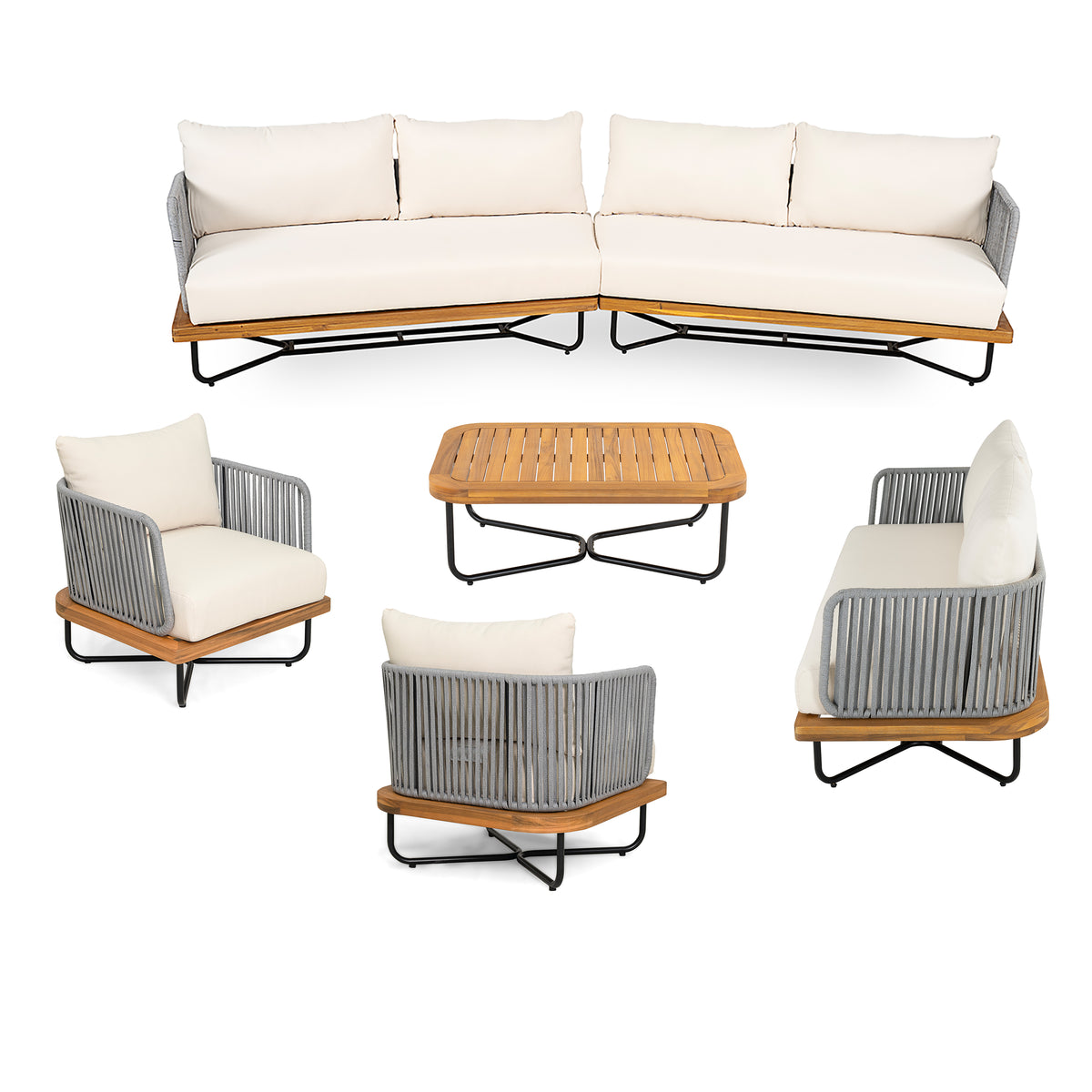 Lucca Outdoor 8 Seaters Acacia Wood and Rope Woven Patio Conversation Set