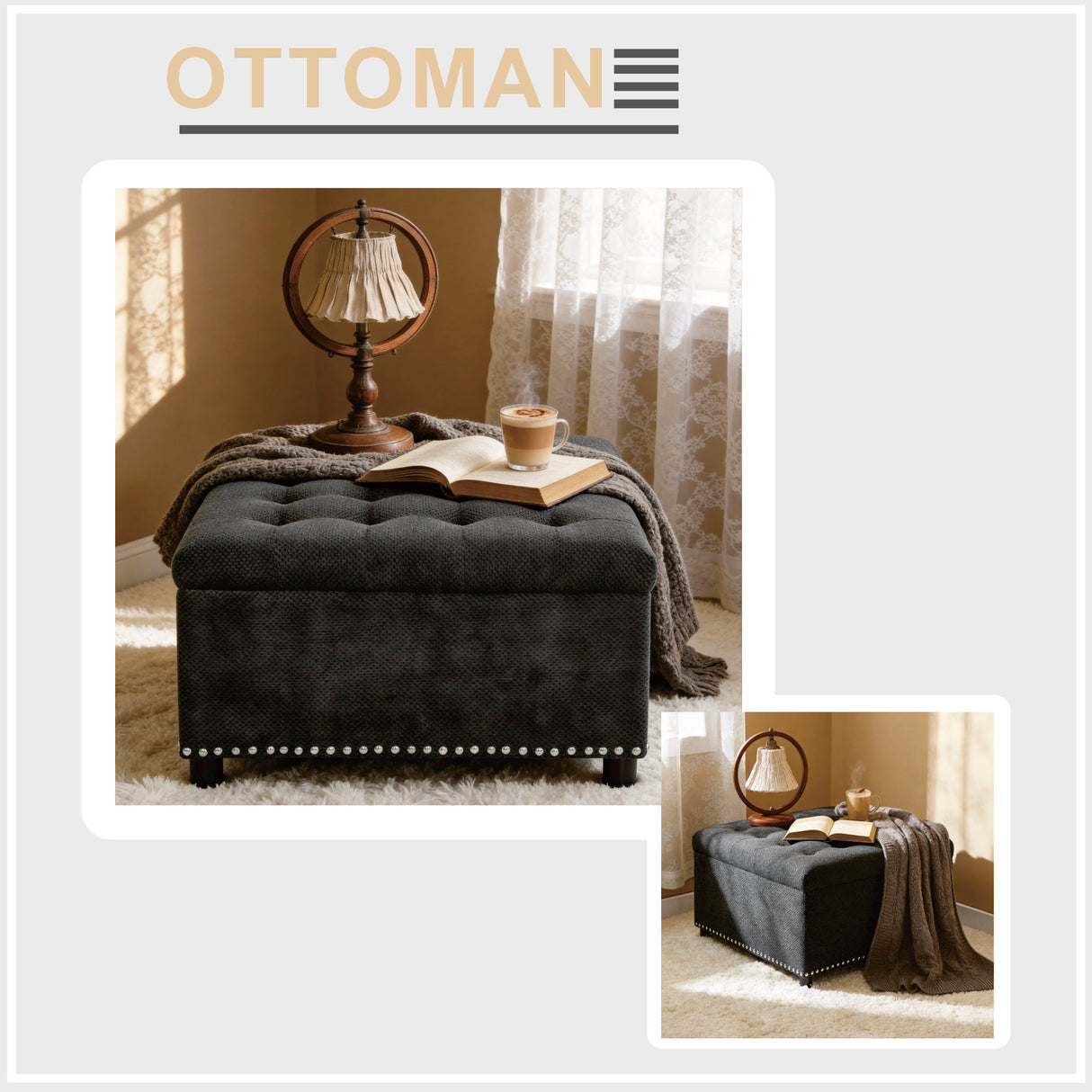 Tufted Storage Ottoman with Nailhead Trim - Dark