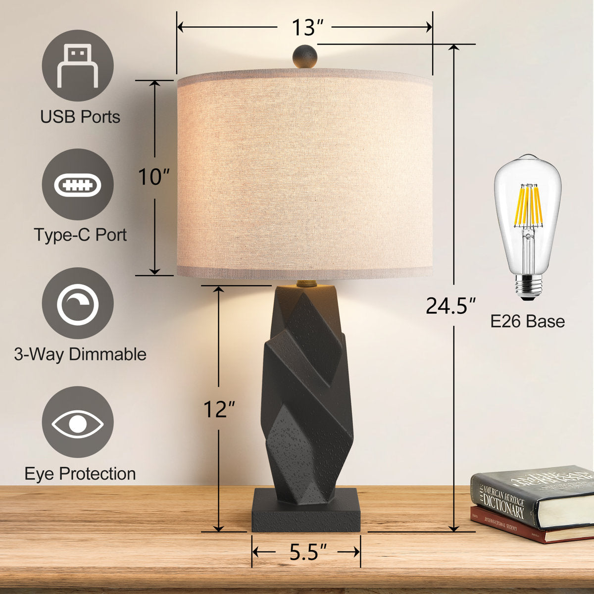 Modern Resin Table Lamp, 24.5-Inch, 3-Way Dimmable with USB and Type-C, Black, Set of 2