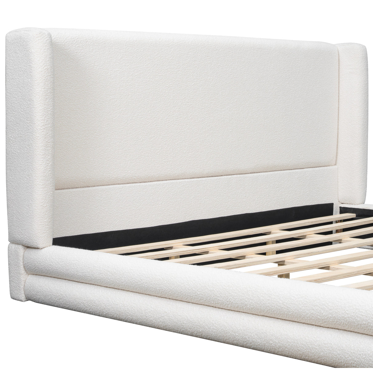 King Size Upholstered Bed Frame With Boucle Thick Wingback Headboard
