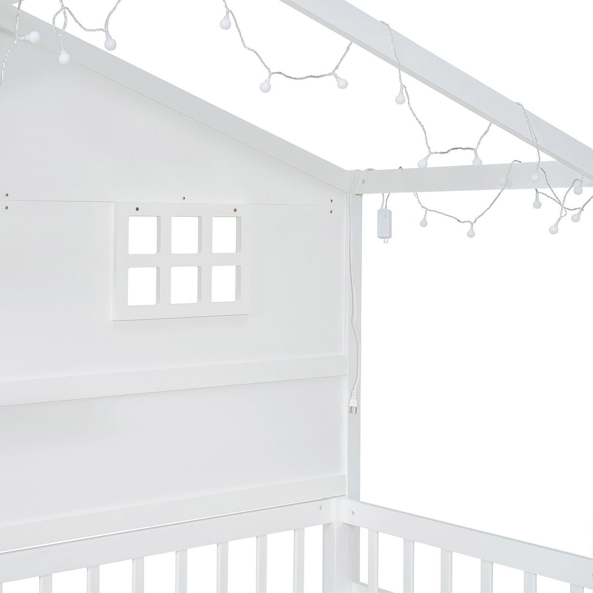 House Bed With Shelves, Window And Sparkling Light Strip On The Roof