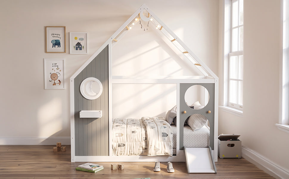 Twin House Bed with Slide, Ball Light Strip - Gray