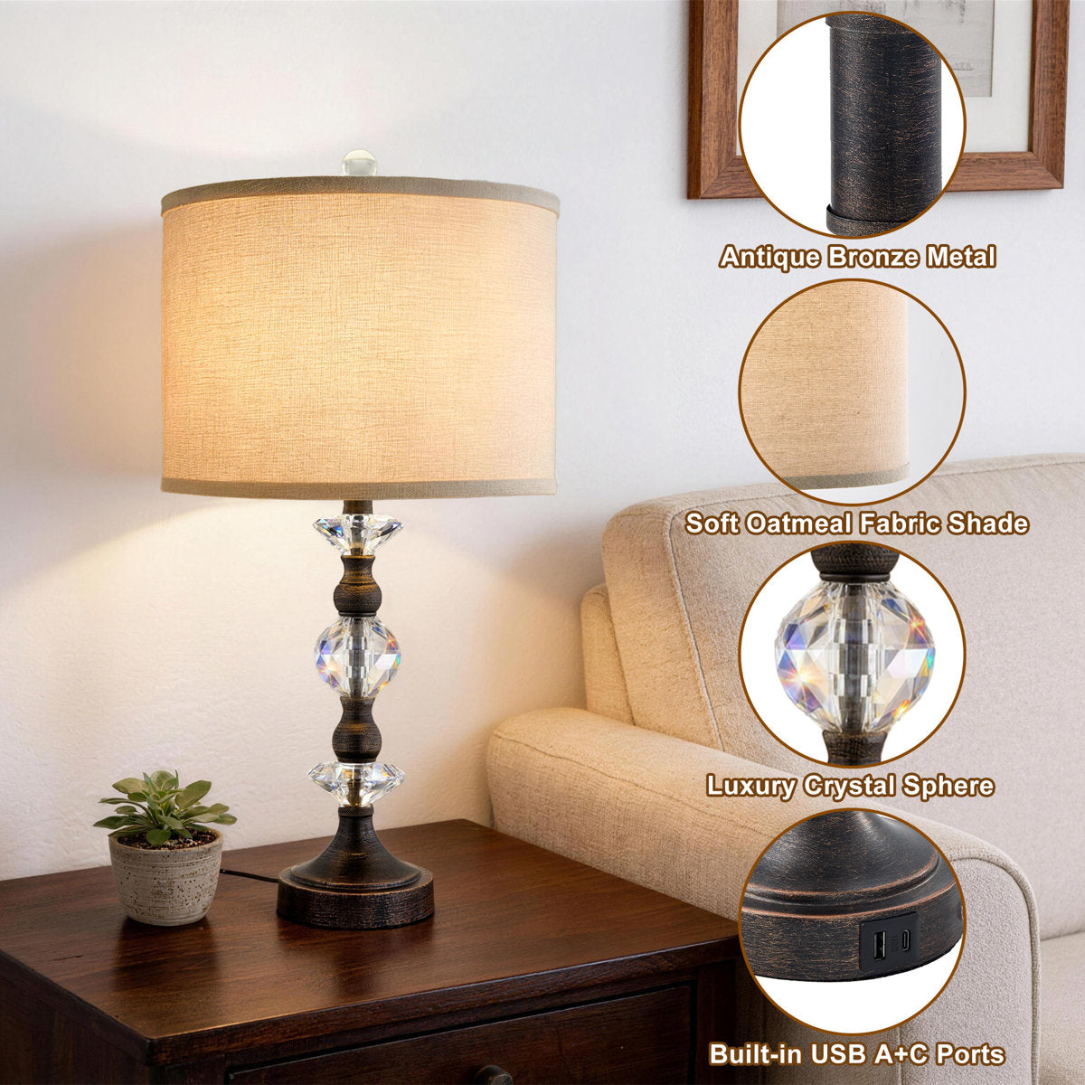 Crystal Table Lamp with 3-Way Dimmable Light and USB Type-C Ports, Set of 2, Antique Bronze