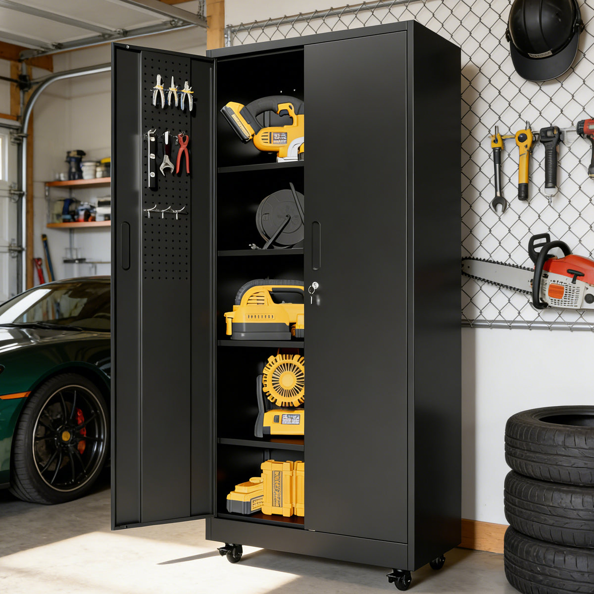 Rolling Metal Storage Locker Cabinet with Lockable Doors
