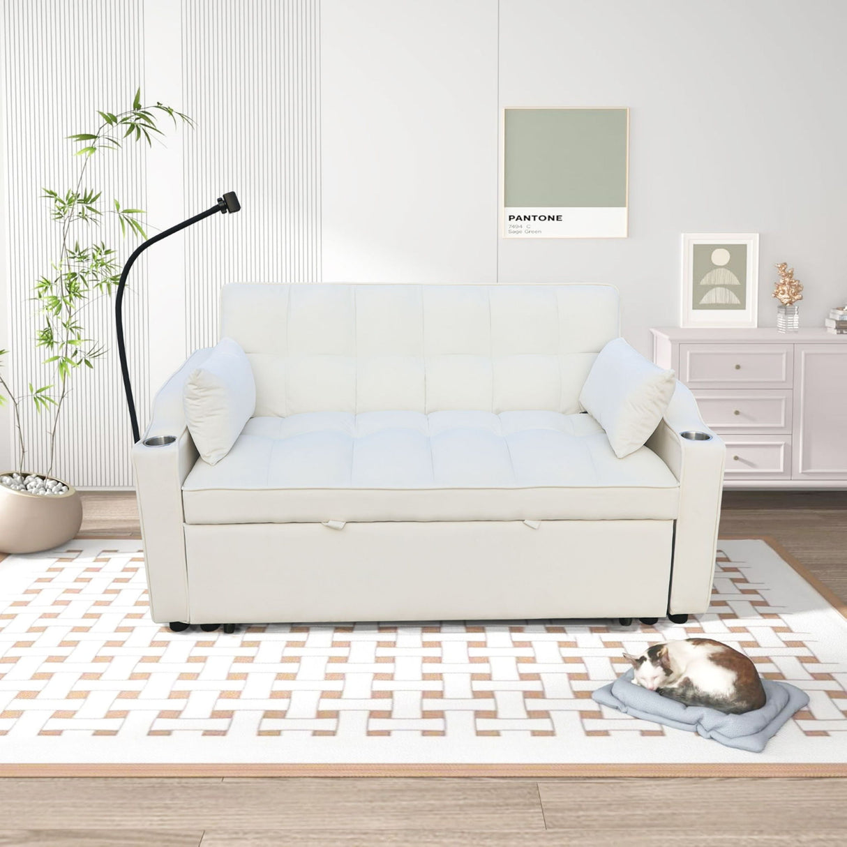 Modern Loveseat Futon Sofa With Pullout Bed, Adjustable Reclining Backrest, Toss Pillows