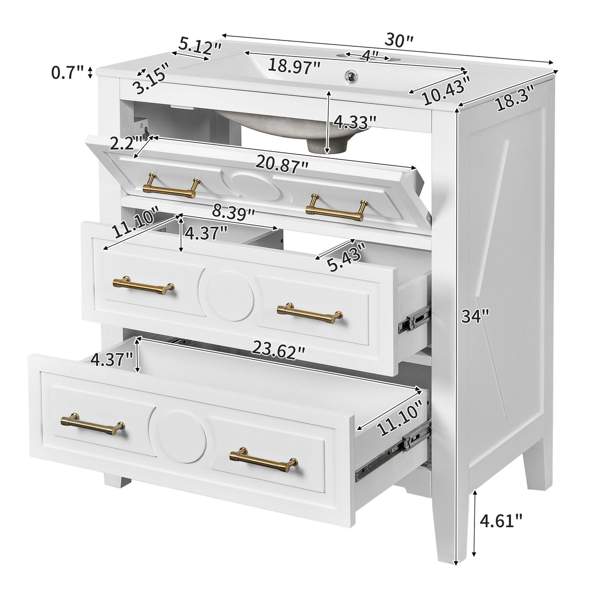 Retro Bathroom Vanity With Sink Combo, Free Standing Single Set With 3 Drawers