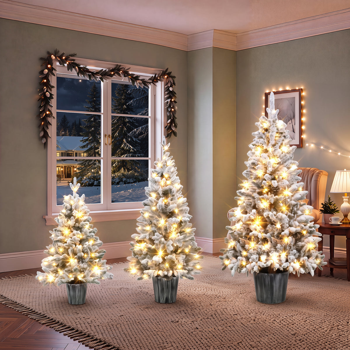 3-Piece Flocked Pre-Lit Christmas Tree Set