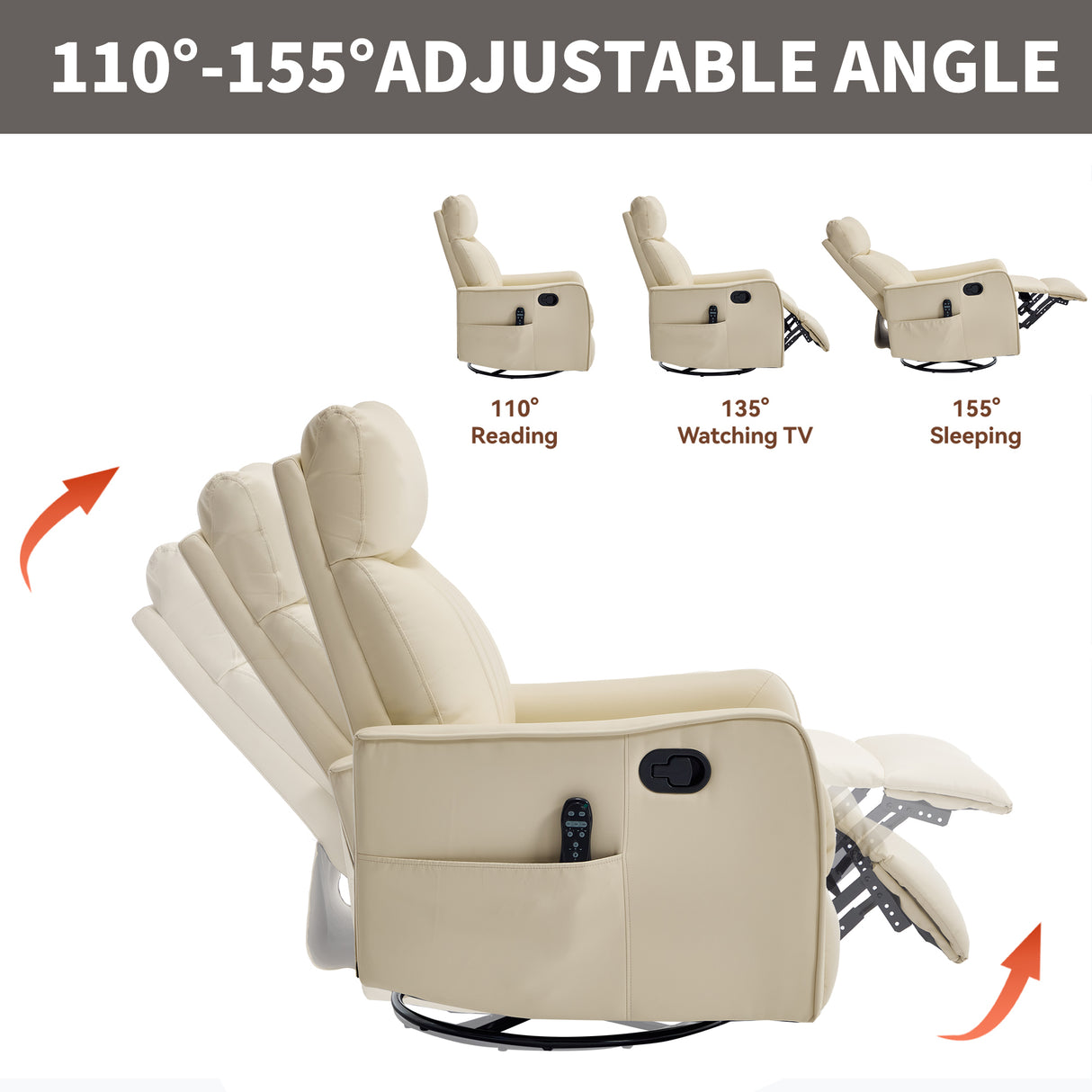 Beige Heat Massage Manual Recliner Chair with Rocker and Swivel