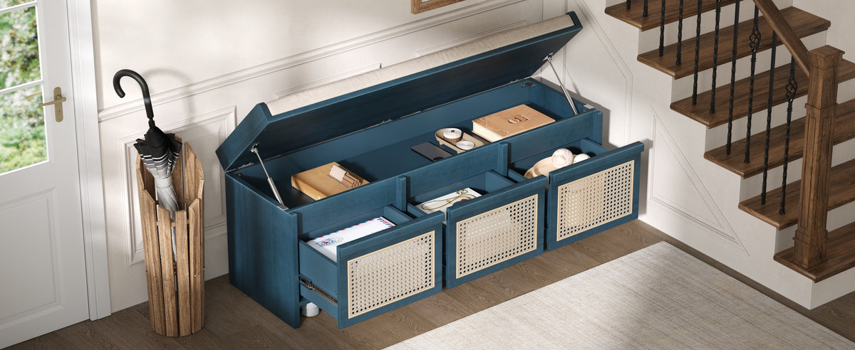 TREXM 48" Entryway Shoe Bench, Retro Storage Bench with Rattan Drawers