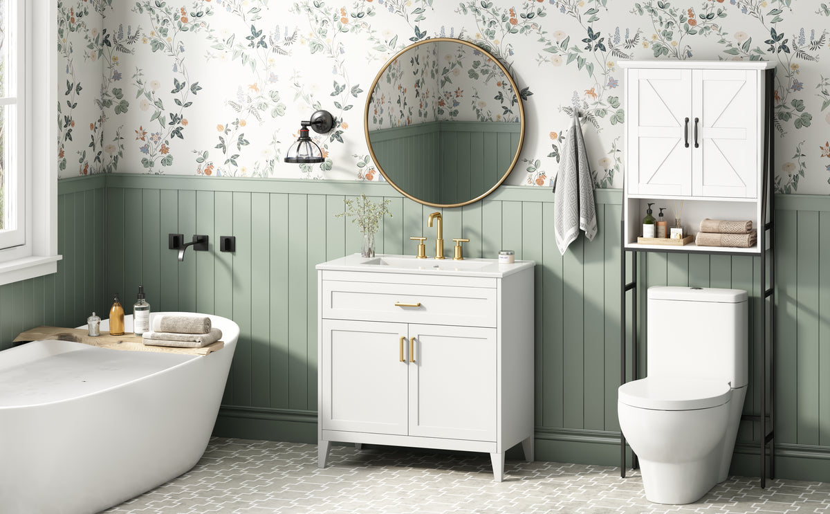 30-Inch Bathroom Vanity with Ceramic Sink Top, Soft-Close Doors, White