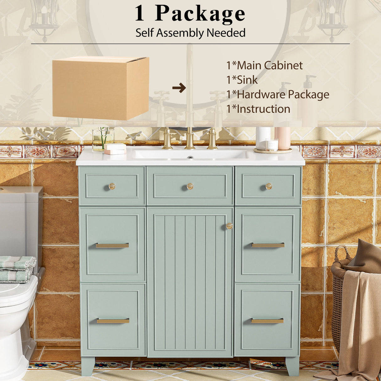 Bathroom Vanity With Ceramic Sink, Soft Close Doors, Adjustable Shelves