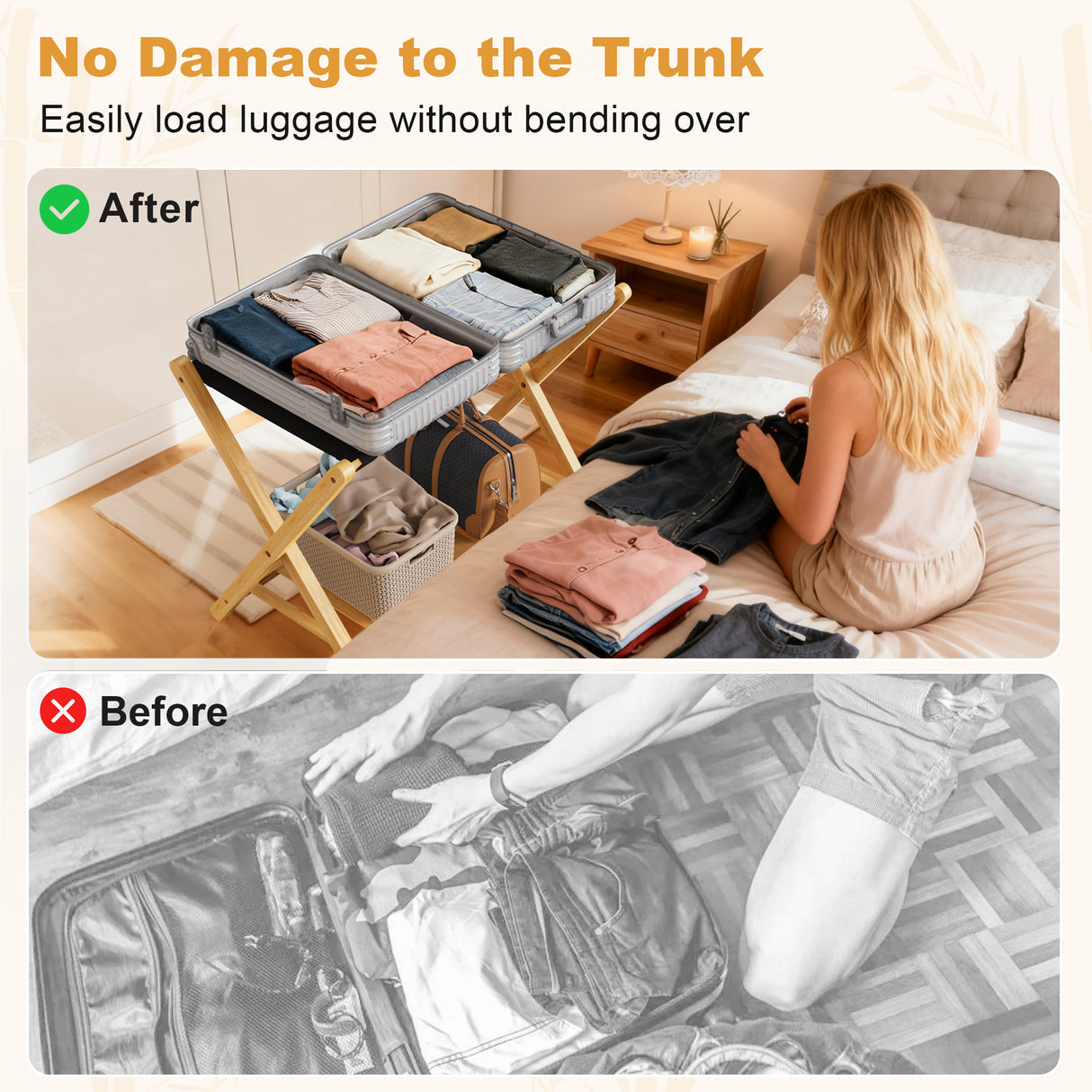 Folding Bamboo Luggage Rack with Lower Storage Shelf